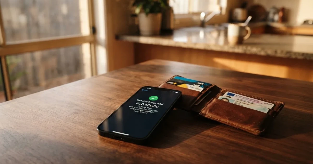 A phone screen showing a bank transfer confirmation, held next to a wallet on a table.