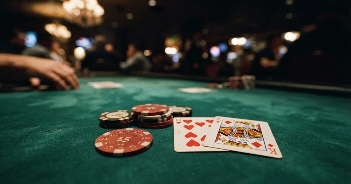 A close-up of a green felt gaming table with cards and chips mid-hand.