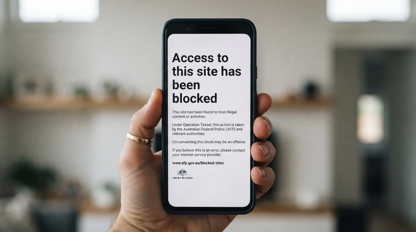 A smartphone screen showing a plain government warning notice about a blocked website, held against a blurred background.