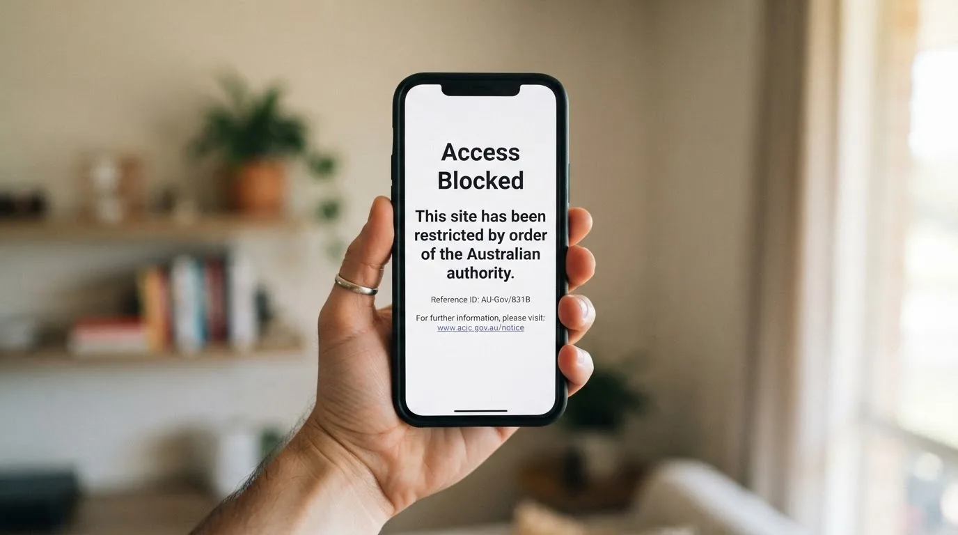 A smartphone screen showing a plain government warning notice about a blocked website, held against a blurred background.