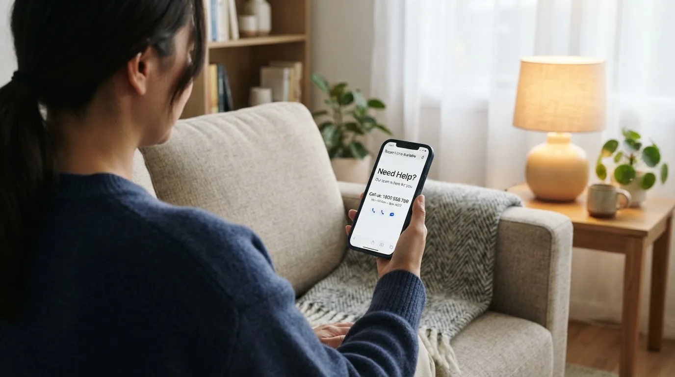 A person sitting calmly with a phone open to a support helpline page, no gaming screen visible.