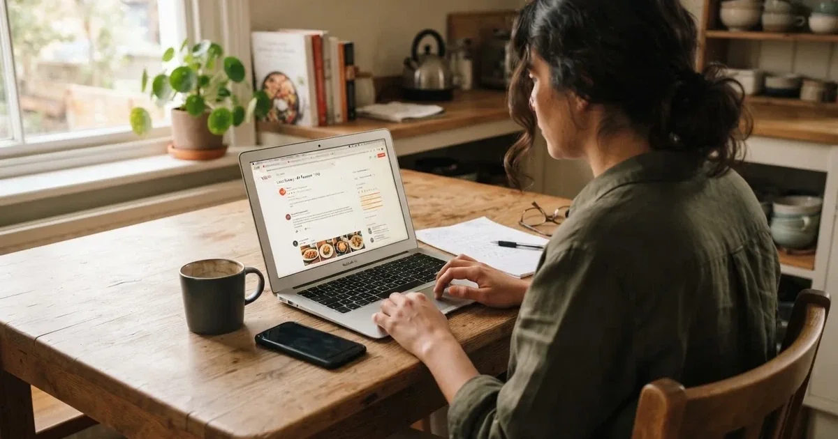 A person at a kitchen table scrolling through review pages on a laptop, phone face-down beside them.