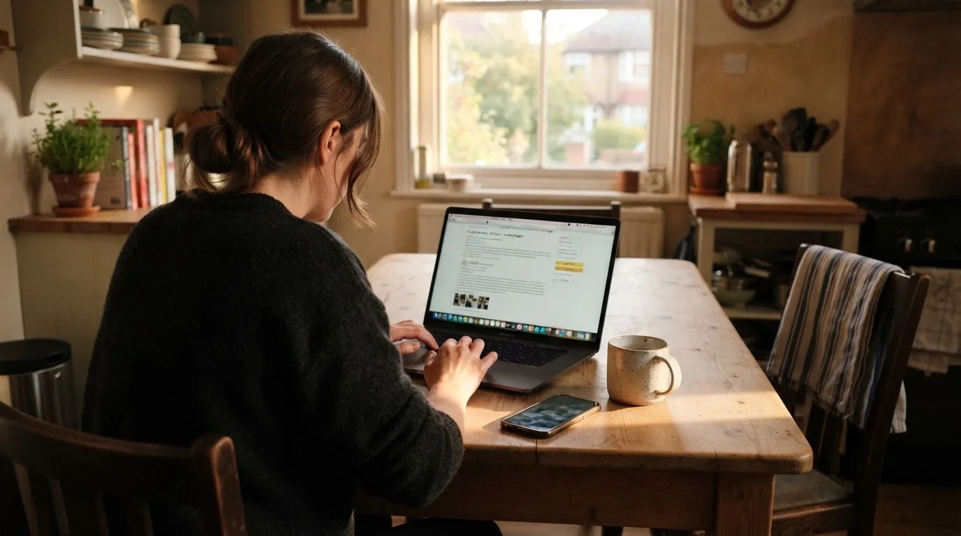 A person at a kitchen table scrolling through review pages on a laptop, phone face-down beside them.