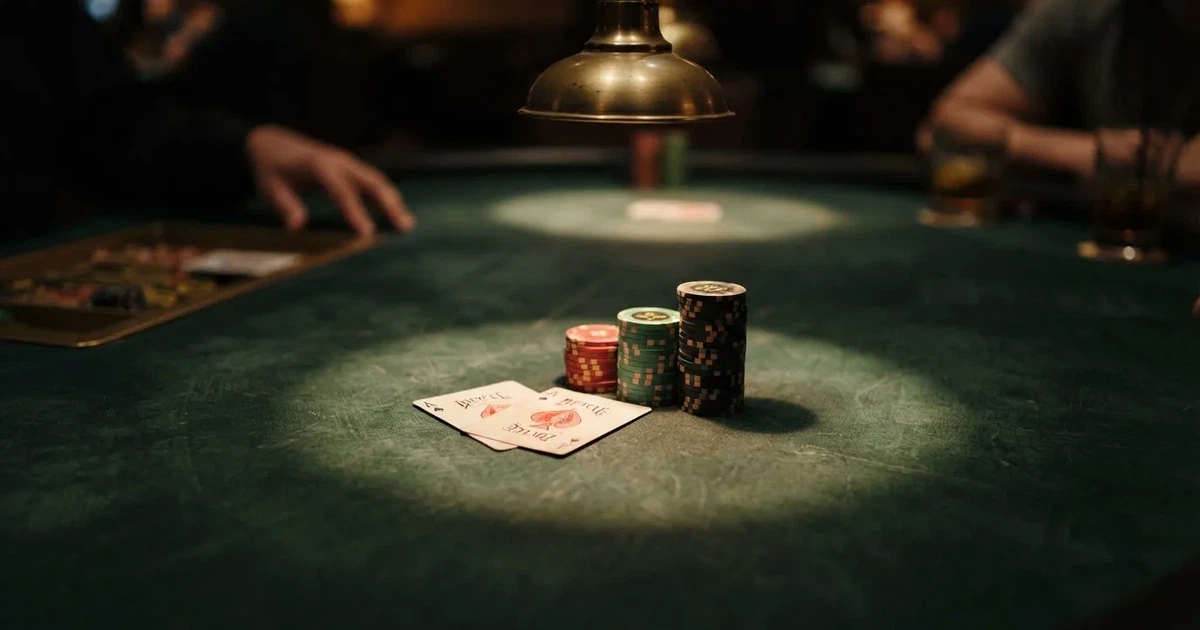 A close-up of a green felt gaming table with cards and chips mid-hand.