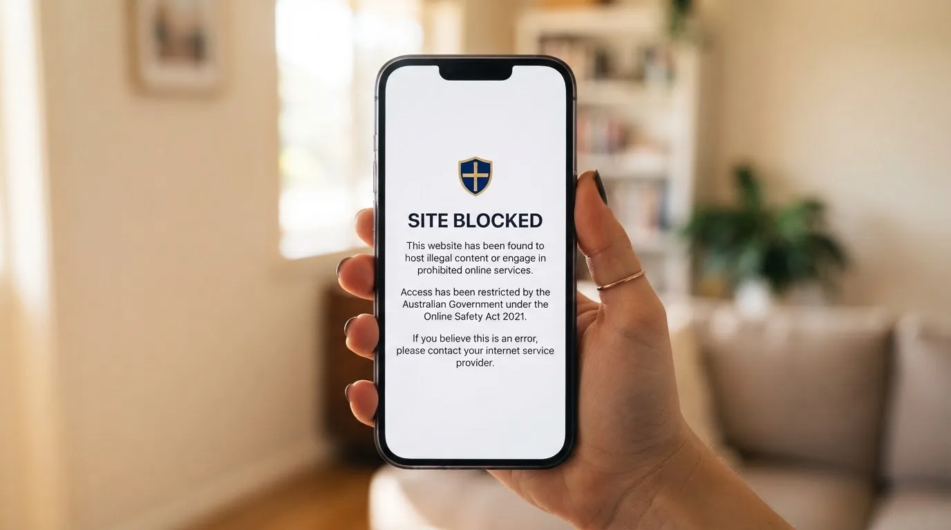 A smartphone screen showing a plain government warning notice about a blocked website, held against a blurred background.