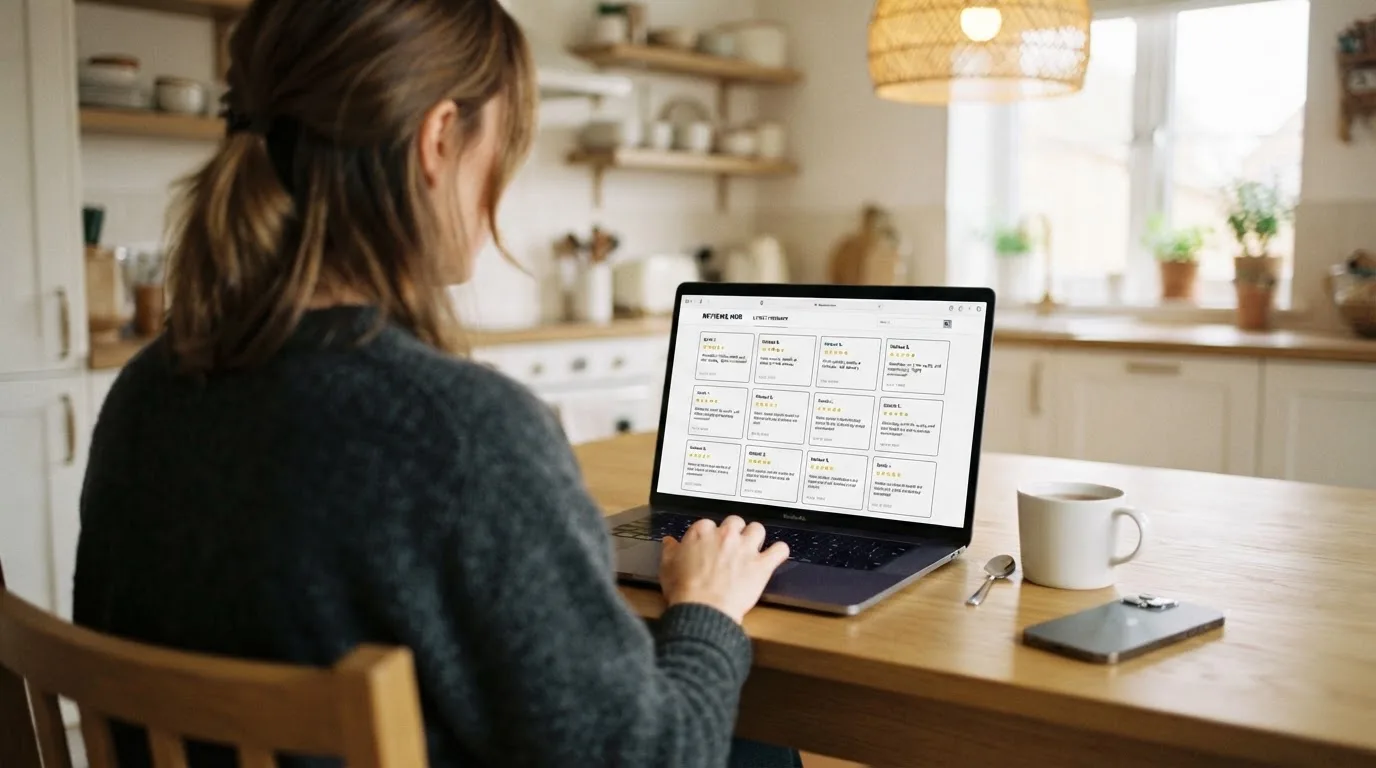 A person at a kitchen table scrolling through review pages on a laptop, phone face-down beside them.