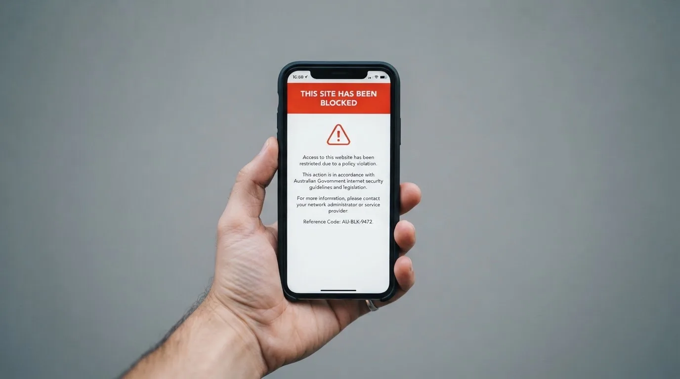 A smartphone screen showing a plain government warning notice about a blocked website, held against a blurred background.