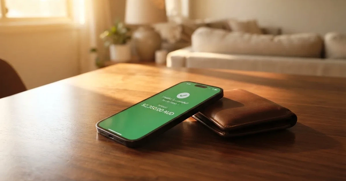 A phone screen showing a bank transfer confirmation, held next to a wallet on a table.