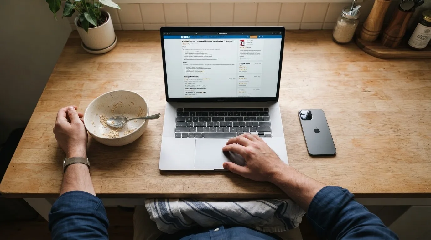 A person at a kitchen table scrolling through review pages on a laptop, phone face-down beside them.