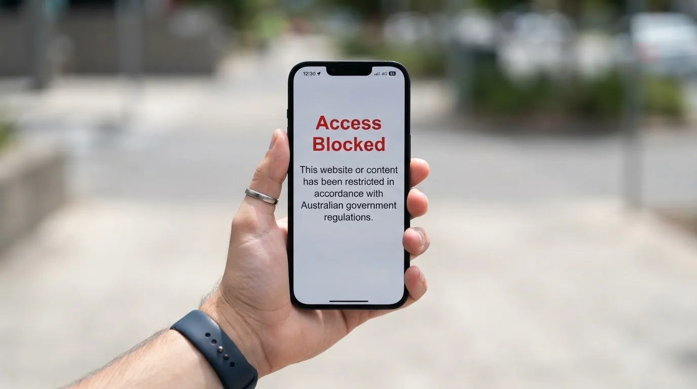 A smartphone screen showing a plain government warning notice about a blocked website, held against a blurred background.