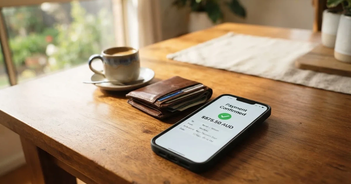 A phone screen showing a bank transfer confirmation, held next to a wallet on a table.