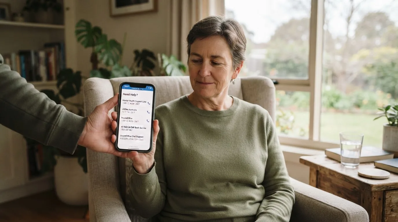 A person sitting calmly with a phone open to a support helpline page, no gaming screen visible.