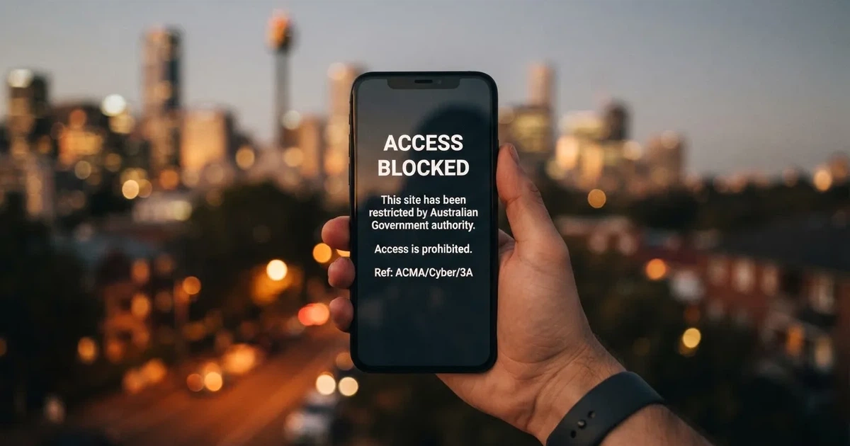 A smartphone screen showing a plain government warning notice about a blocked website, held against a blurred background.