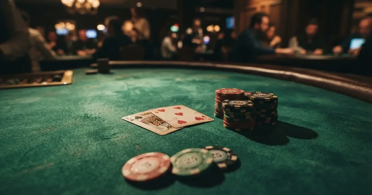 A close-up of a green felt gaming table with cards and chips mid-hand.