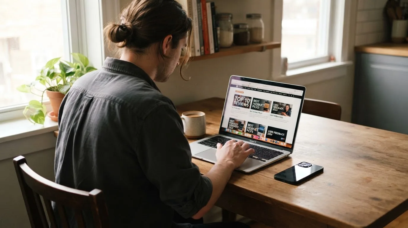 A person at a kitchen table scrolling through review pages on a laptop, phone face-down beside them.