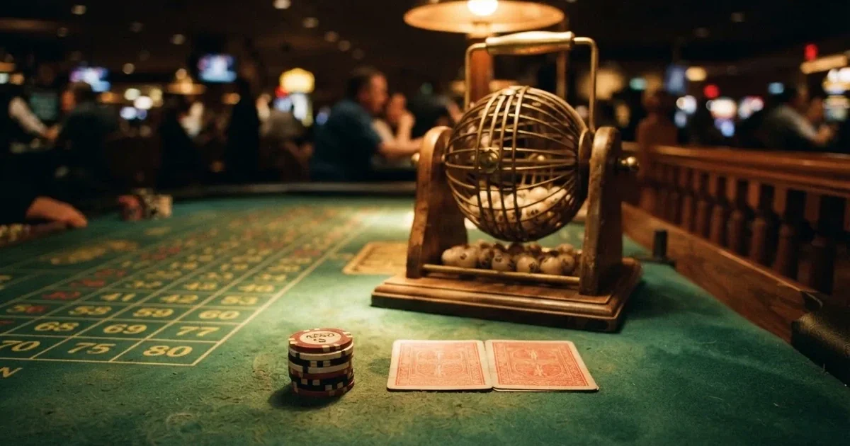A close-up of a green felt gaming table with cards and chips mid-hand.