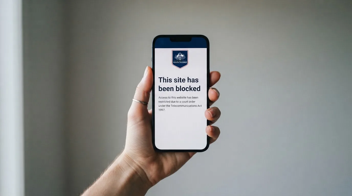 A smartphone screen showing a plain government warning notice about a blocked website, held against a blurred background.