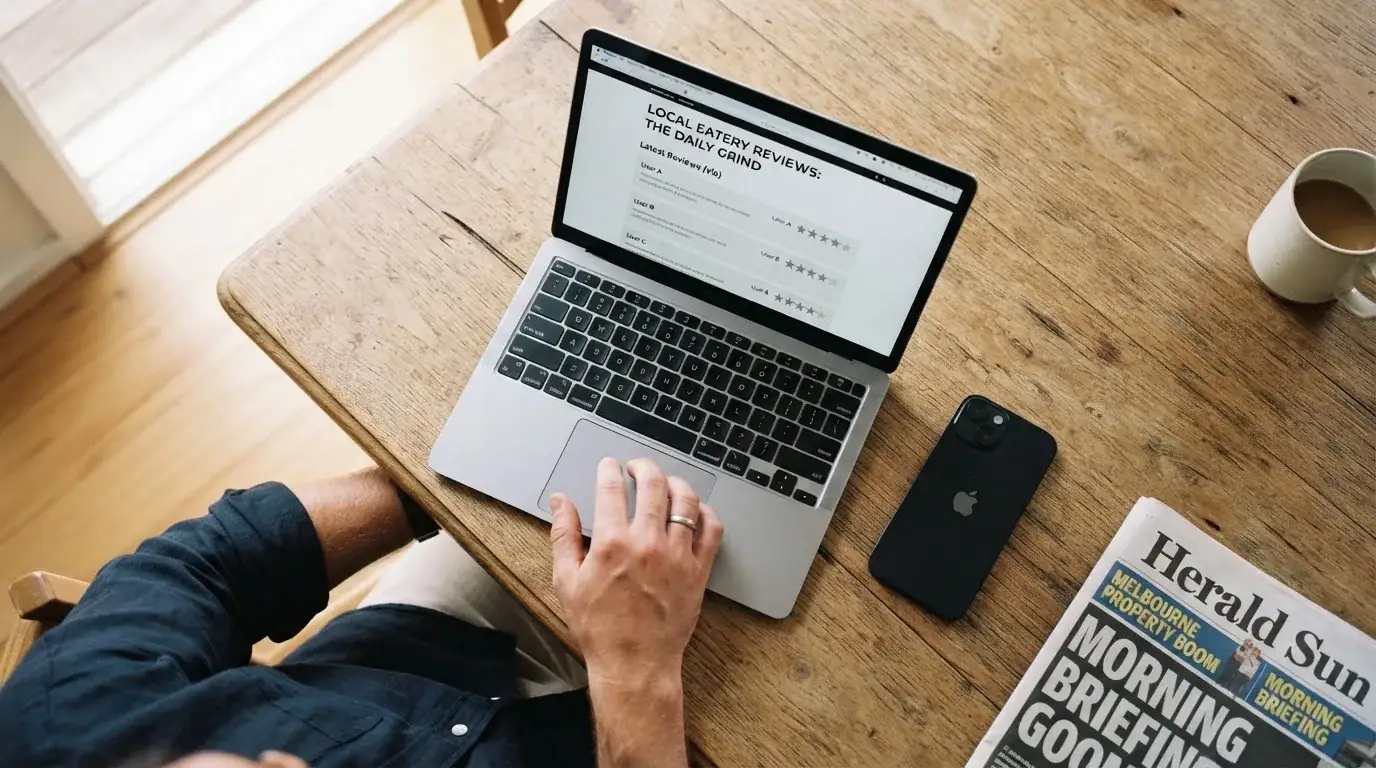 A person at a kitchen table scrolling through review pages on a laptop, phone face-down beside them.