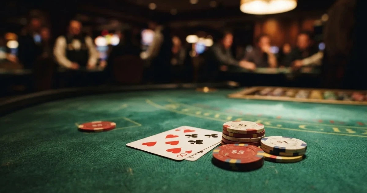 A close-up of a green felt gaming table with cards and chips mid-hand.