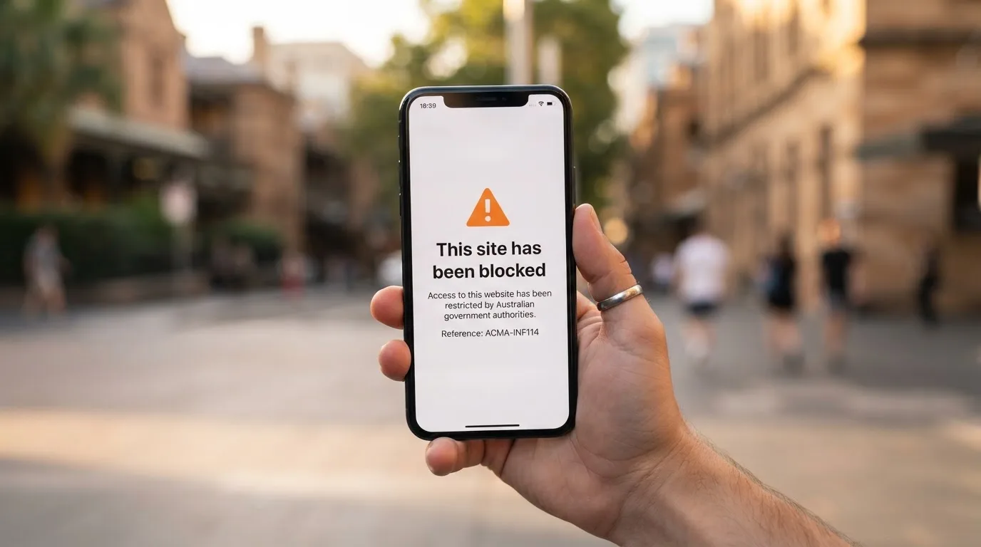 A smartphone screen showing a plain government warning notice about a blocked website, held against a blurred background.