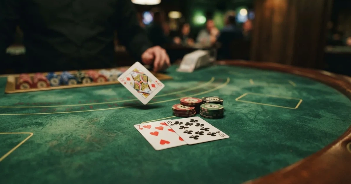 A close-up of a green felt gaming table with cards and chips mid-hand.
