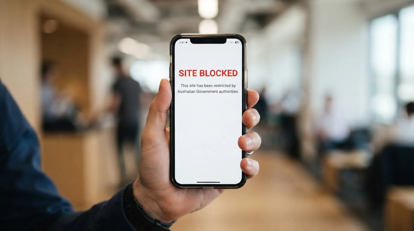 A smartphone screen showing a plain government warning notice about a blocked website, held against a blurred background.