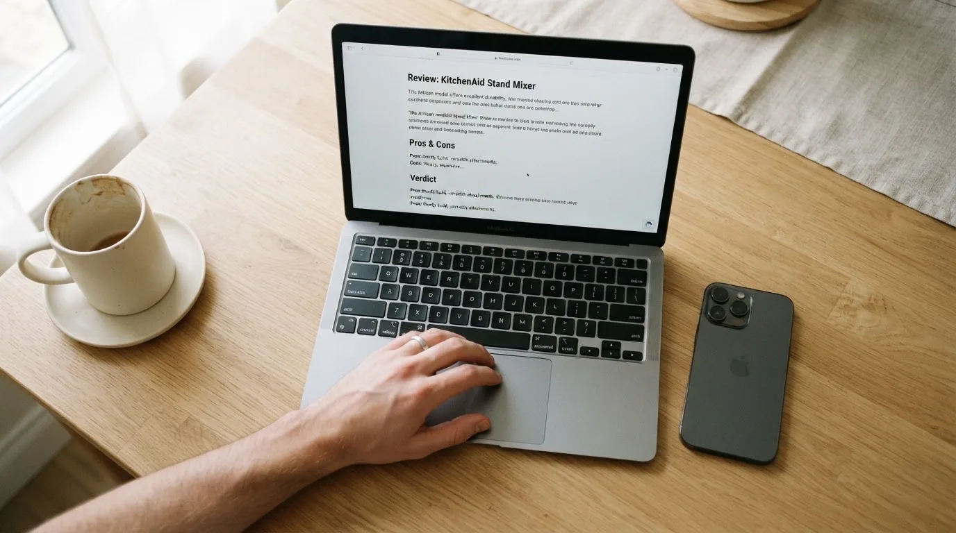 A person at a kitchen table scrolling through review pages on a laptop, phone face-down beside them.