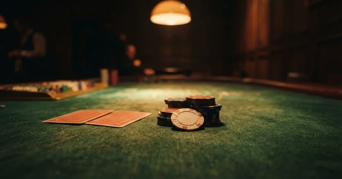 A close-up of a green felt gaming table with cards and chips mid-hand.