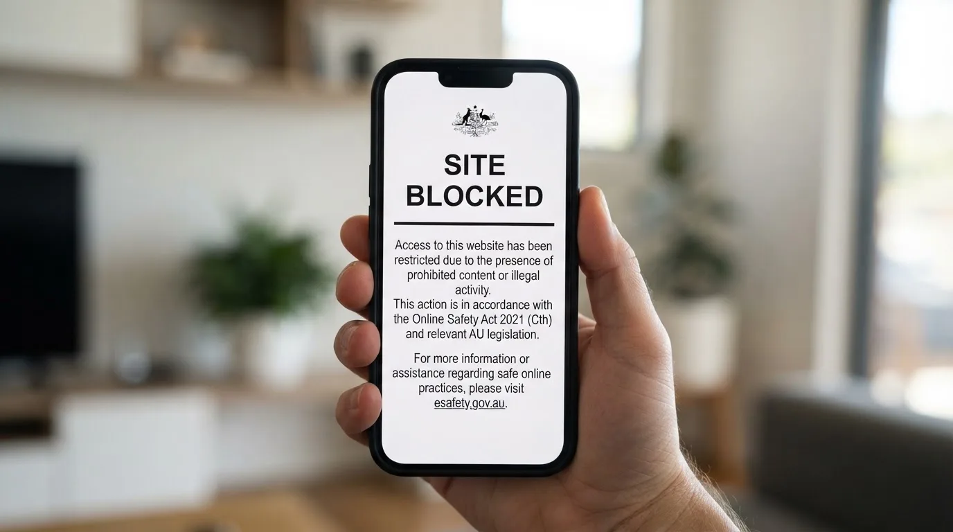 A smartphone screen showing a plain government warning notice about a blocked website, held against a blurred background.