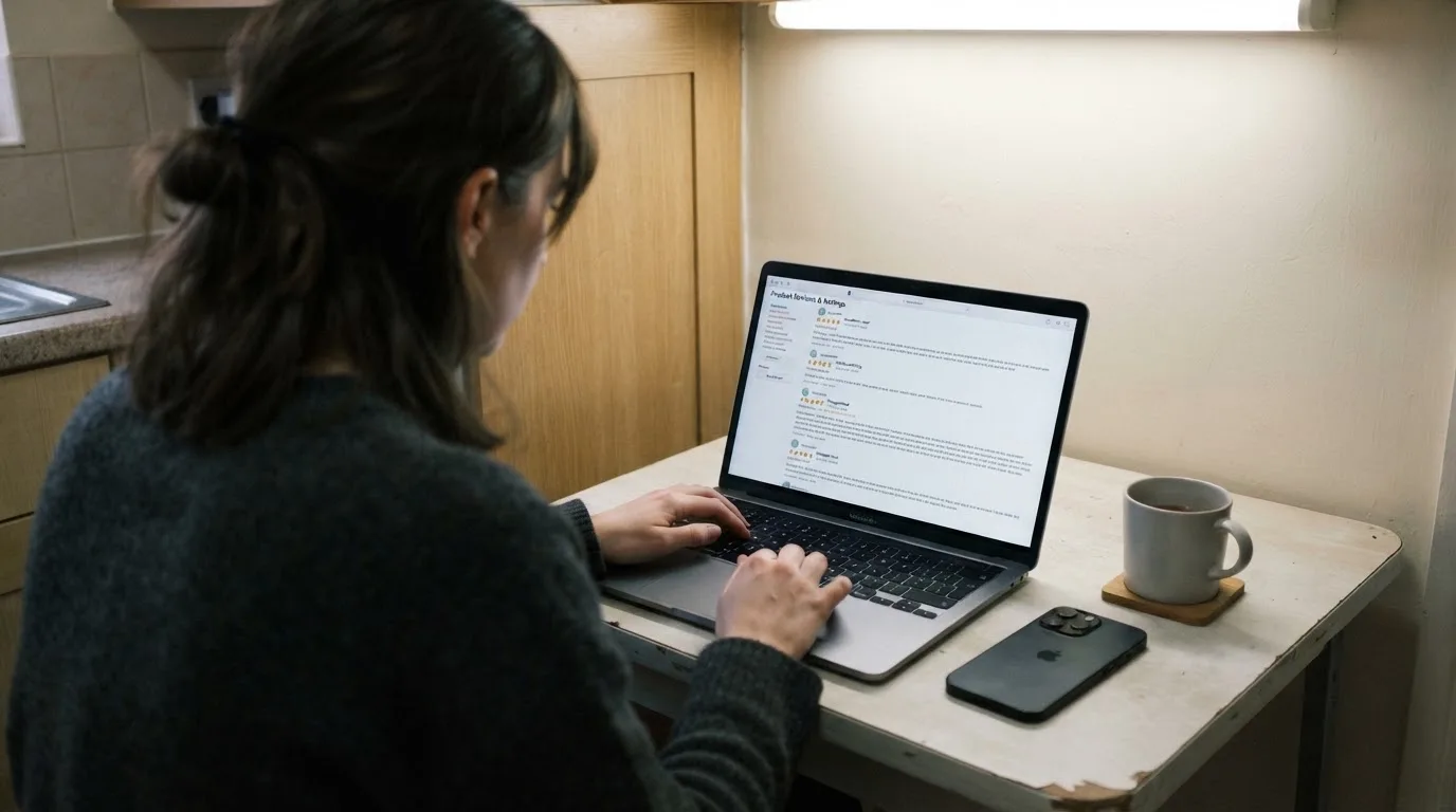 A person at a kitchen table scrolling through review pages on a laptop, phone face-down beside them.