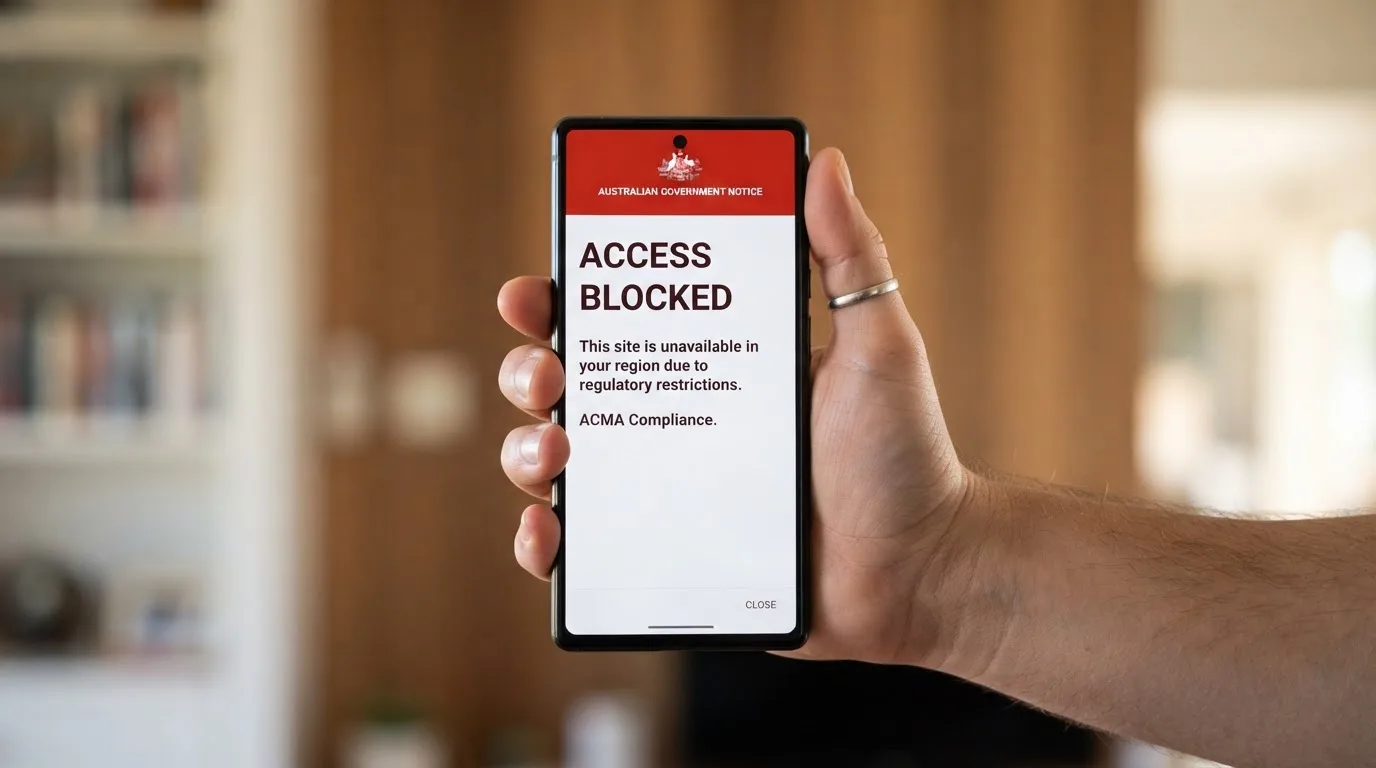 A smartphone screen showing a plain government warning notice about a blocked website, held against a blurred background.