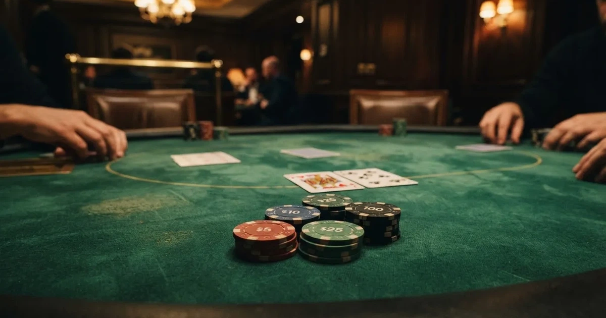 A close-up of a green felt gaming table with cards and chips mid-hand.
