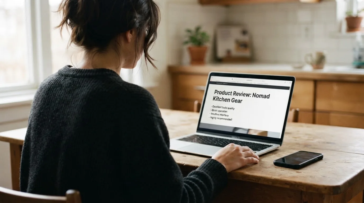 A person at a kitchen table scrolling through review pages on a laptop, phone face-down beside them.