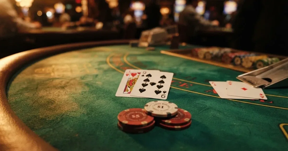 A close-up of a green felt gaming table with cards and chips mid-hand.