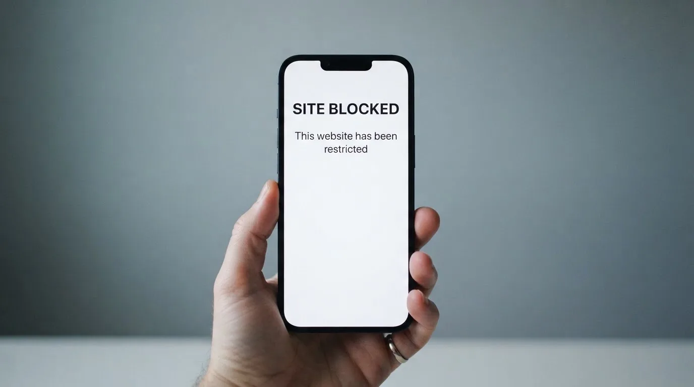 A smartphone screen showing a plain government warning notice about a blocked website, held against a blurred background.