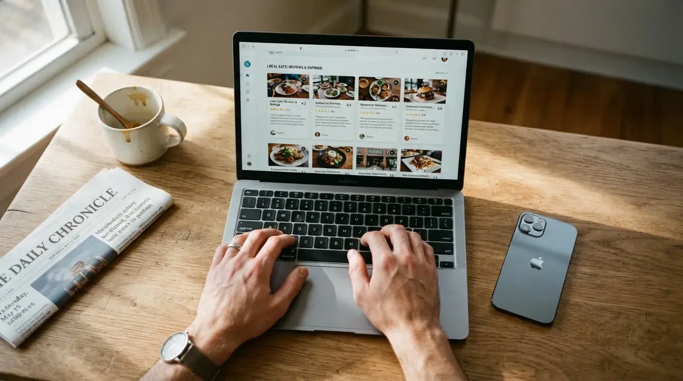 A person at a kitchen table scrolling through review pages on a laptop, phone face-down beside them.