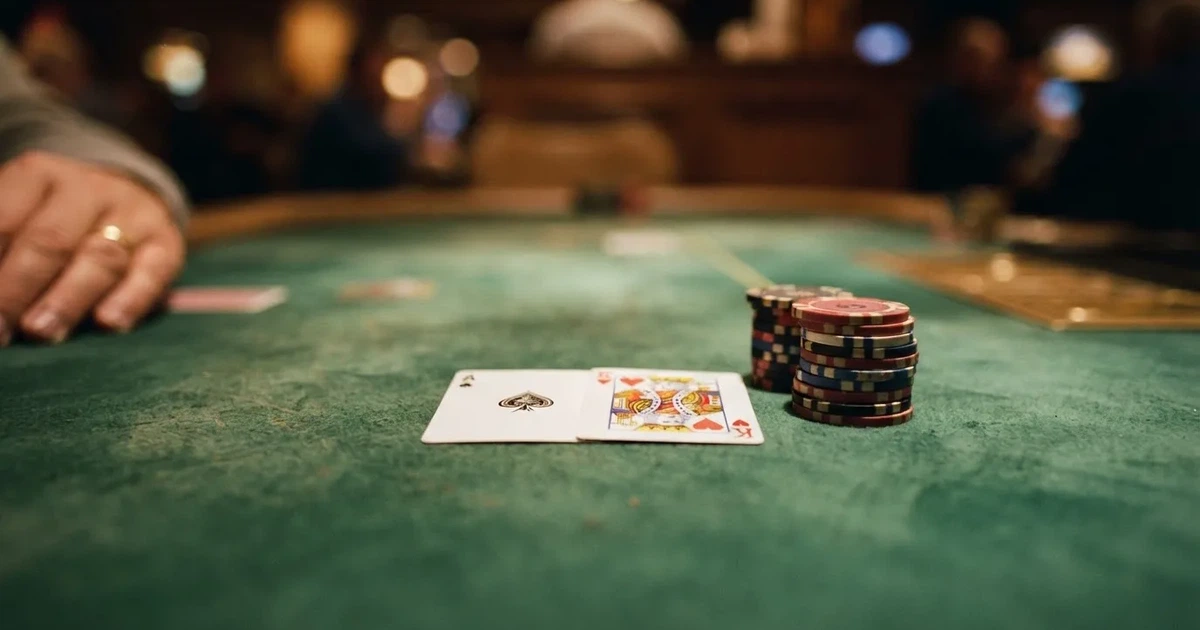 A close-up of a green felt gaming table with cards and chips mid-hand.