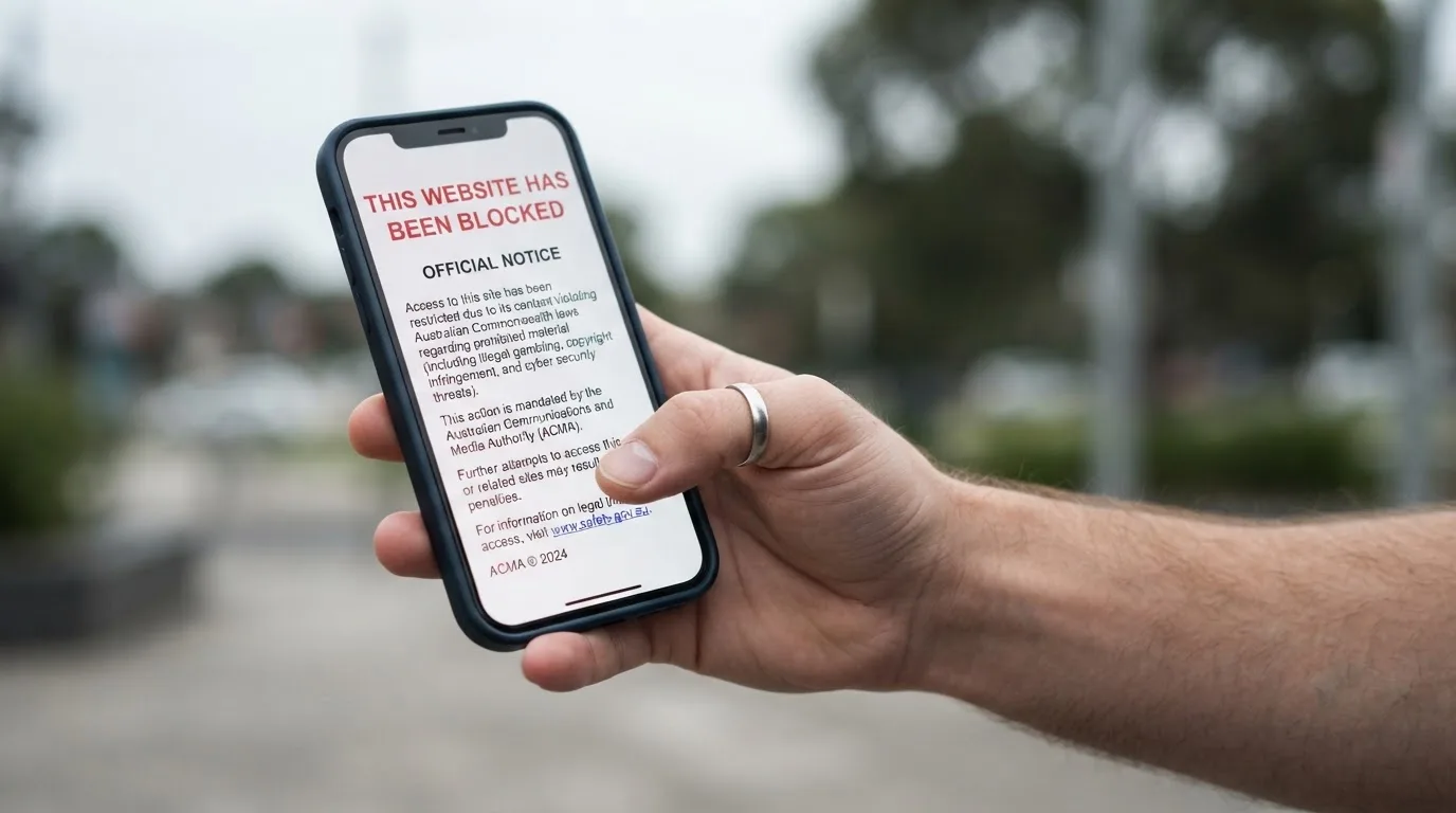A smartphone screen showing a plain government warning notice about a blocked website, held against a blurred background.