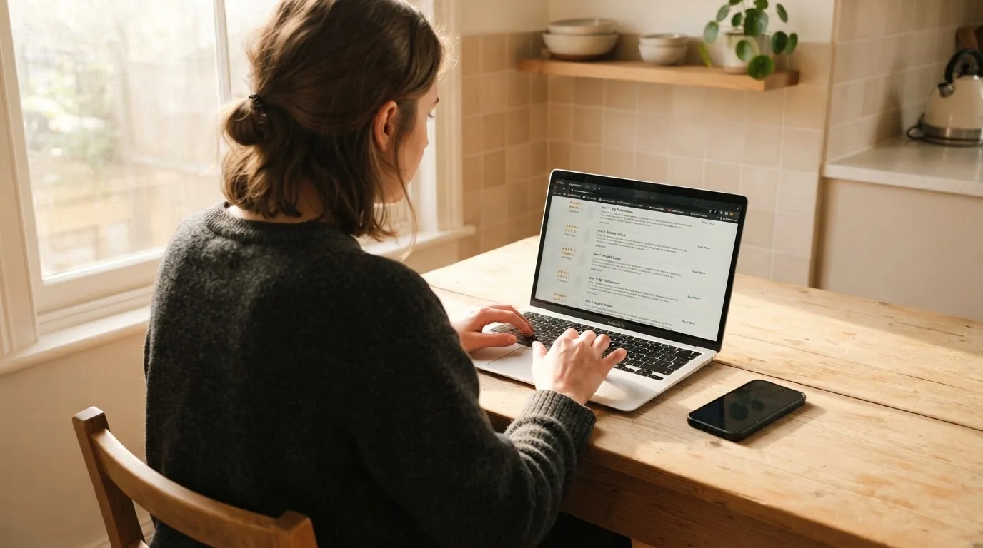 A person at a kitchen table scrolling through review pages on a laptop, phone face-down beside them.