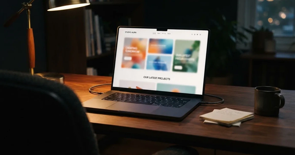 A laptop screen showing a freshly loaded website homepage, its content blurred out.