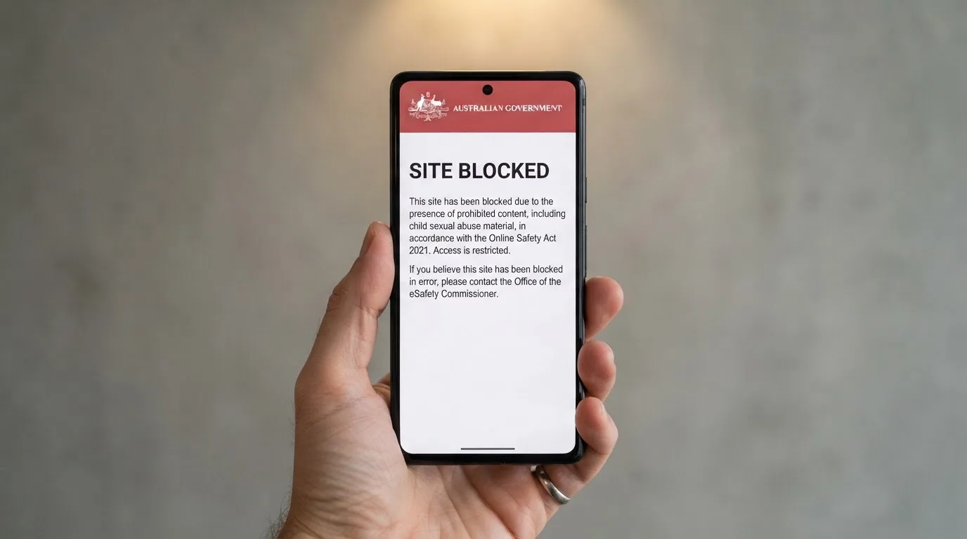 A smartphone screen showing a plain government warning notice about a blocked website, held against a blurred background.