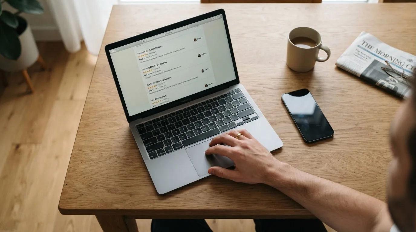 A person at a kitchen table scrolling through review pages on a laptop, phone face-down beside them.