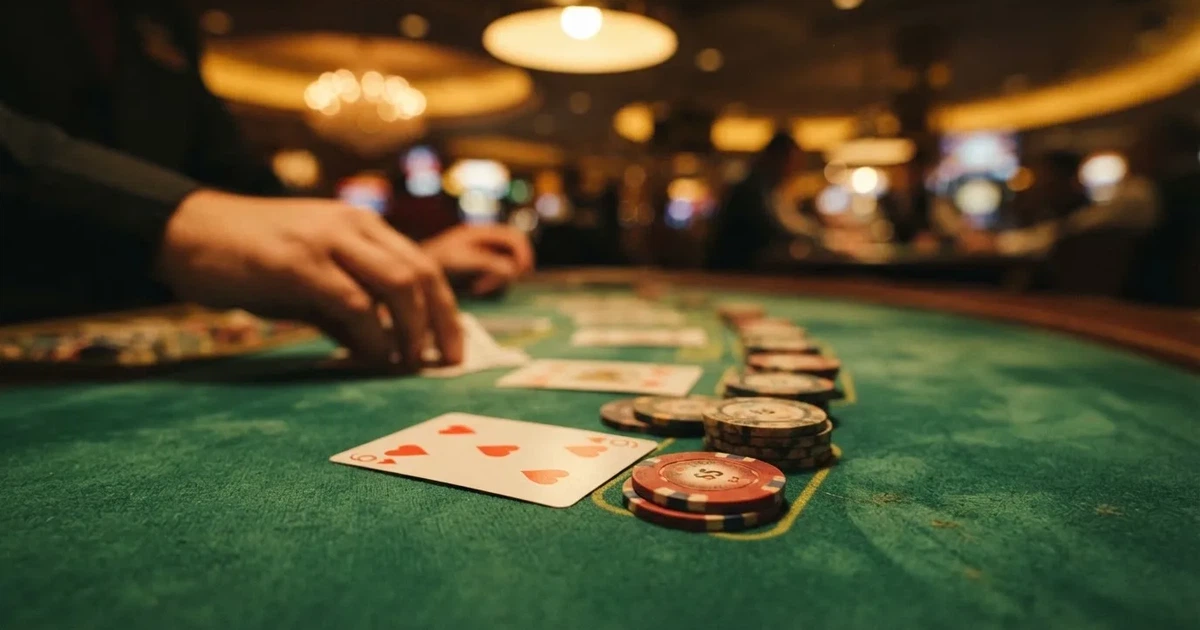A close-up of a green felt gaming table with cards and chips mid-hand.