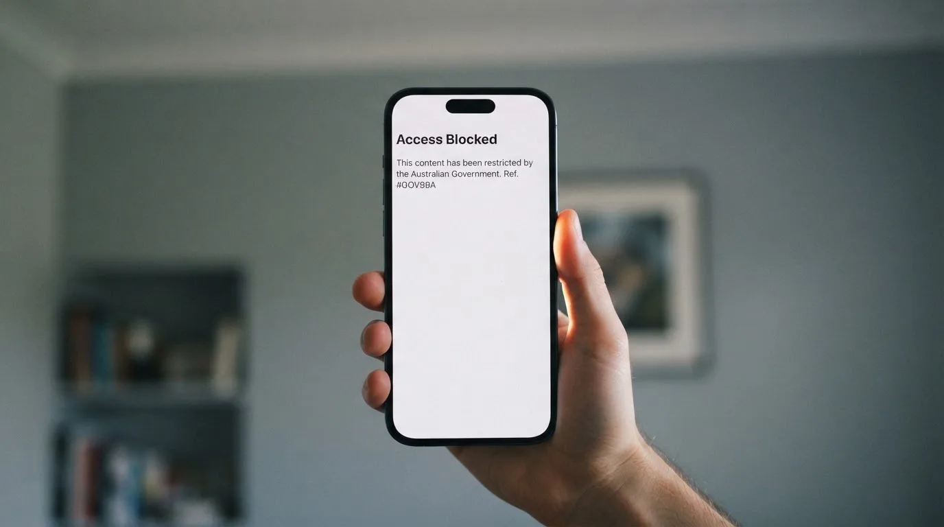 A smartphone screen showing a plain government warning notice about a blocked website, held against a blurred background.
