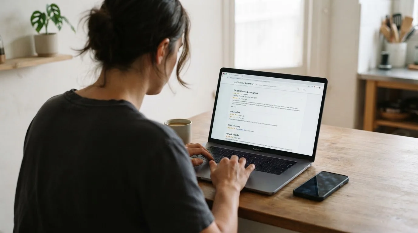 A person at a kitchen table scrolling through review pages on a laptop, phone face-down beside them.