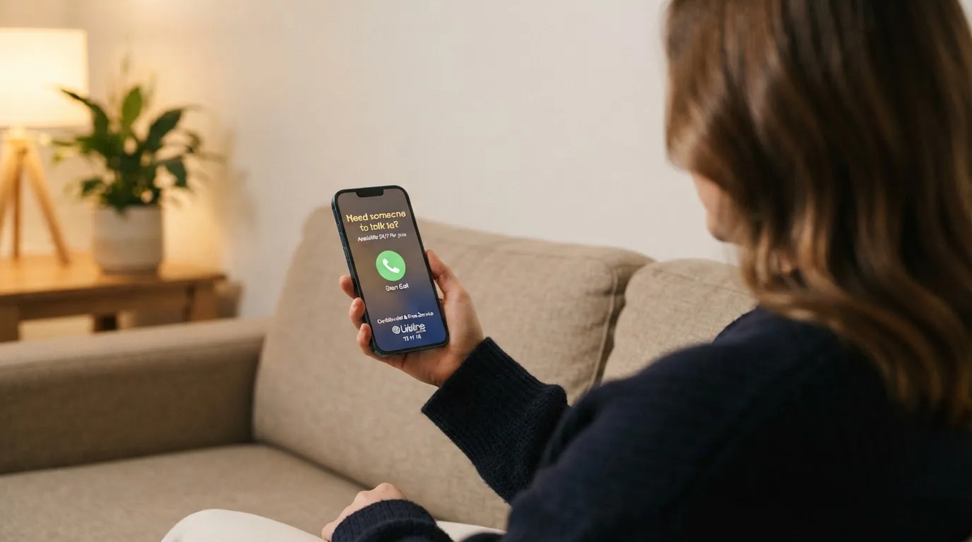 A person sitting calmly with a phone open to a support helpline page, no gaming screen visible.