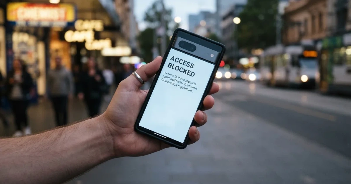 A smartphone screen showing a plain government warning notice about a blocked website, held against a blurred background.