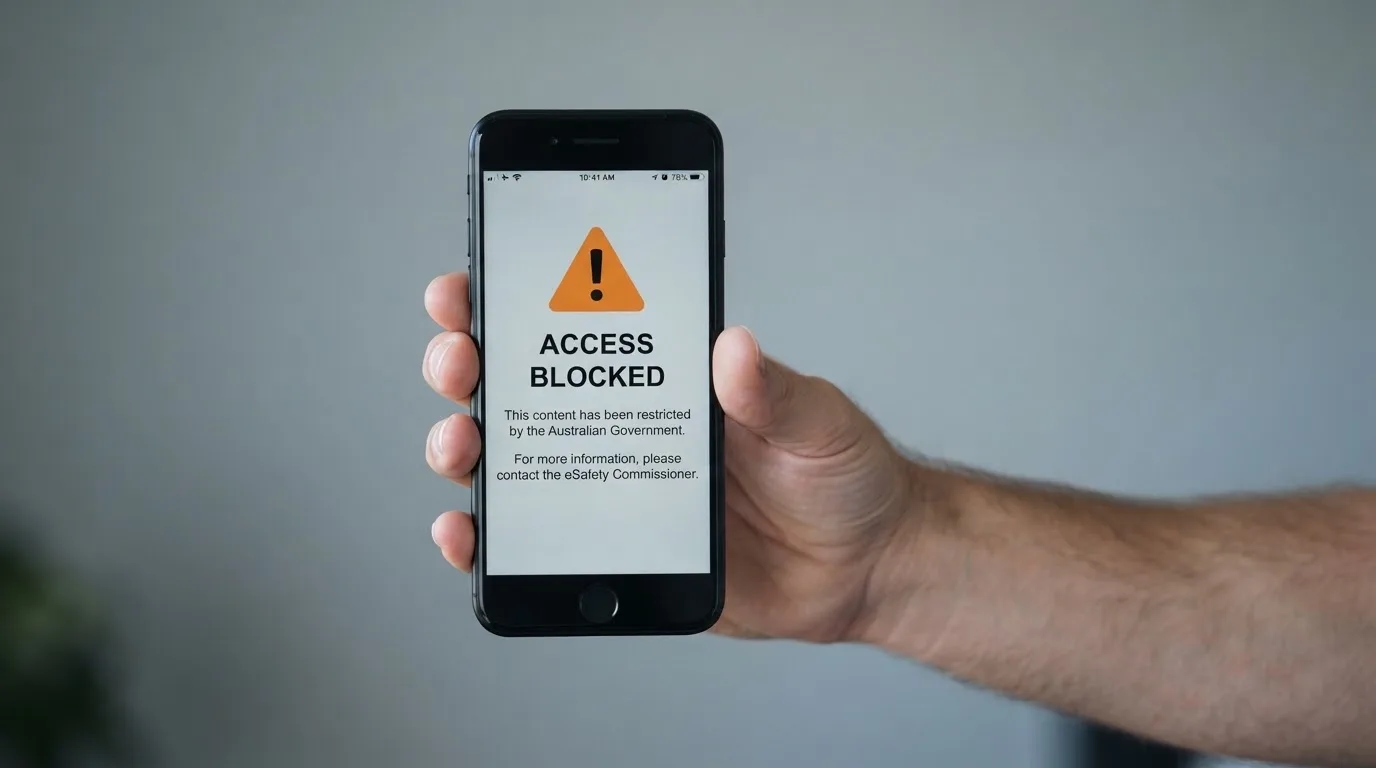 A smartphone screen showing a plain government warning notice about a blocked website, held against a blurred background.