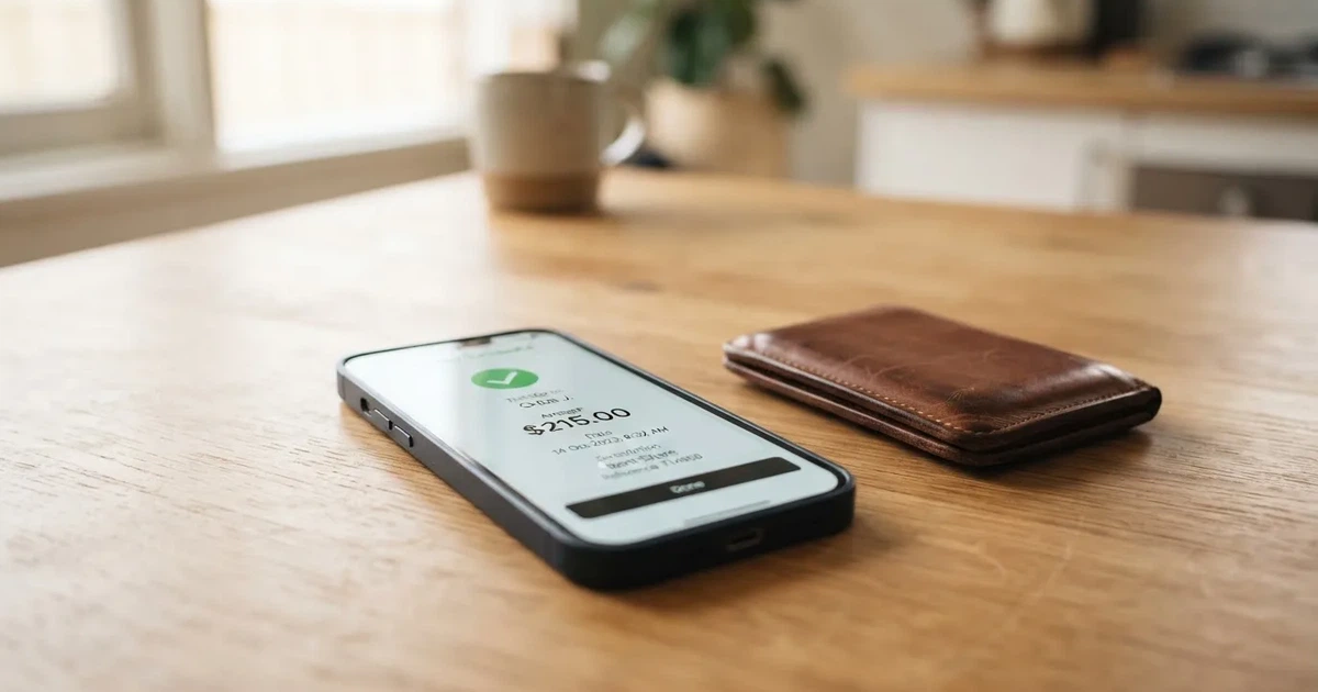 A phone screen showing a bank transfer confirmation, held next to a wallet on a table.