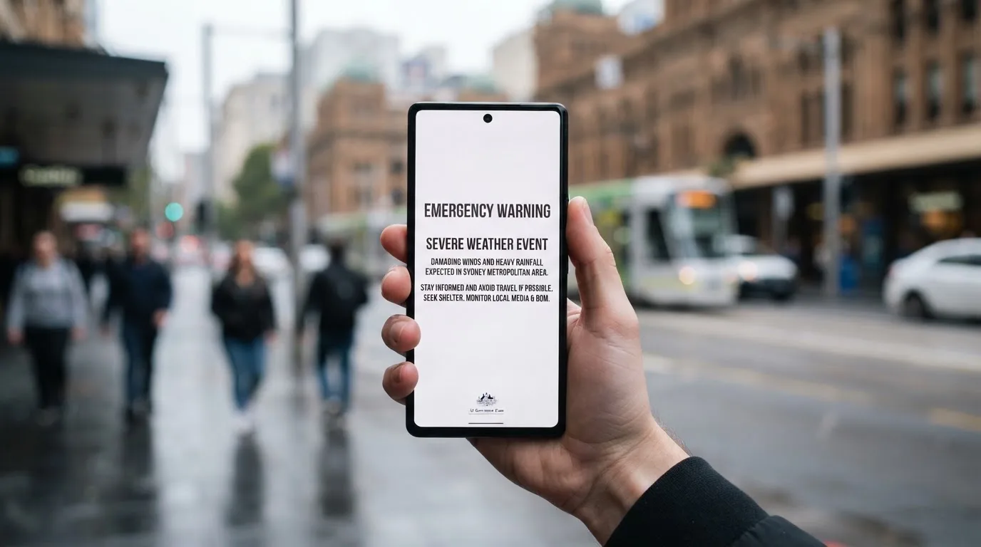 A smartphone screen showing a plain government warning notice about a blocked website, held against a blurred background.